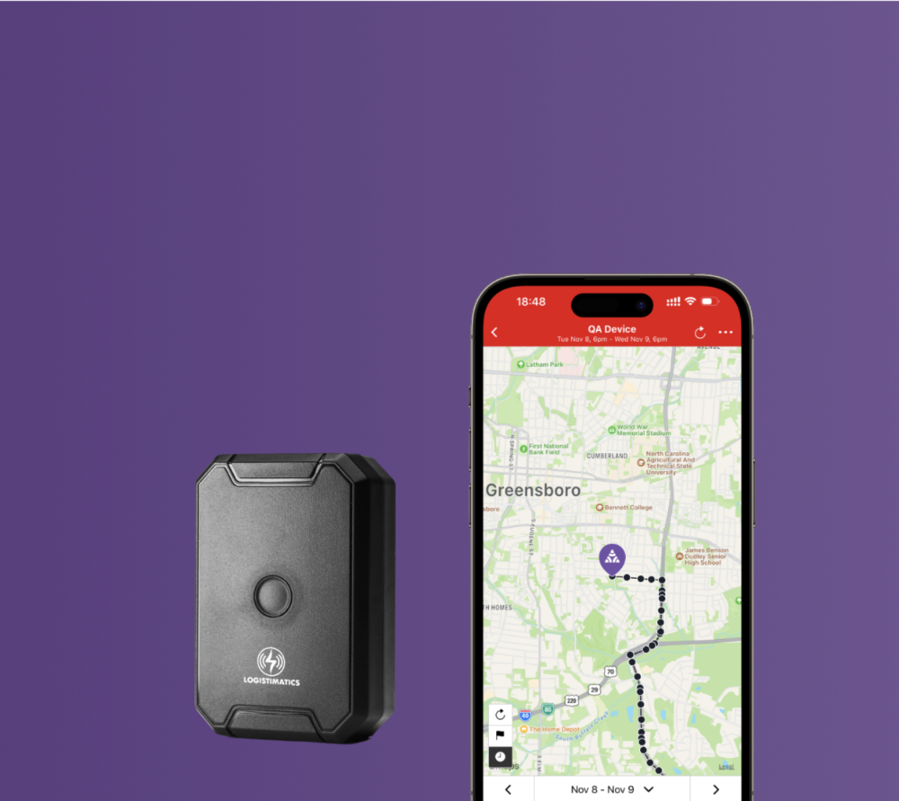Logistimatics GPS tracker displayed next to mobile app screen with live map showing real-time location tracking in Greensboro.