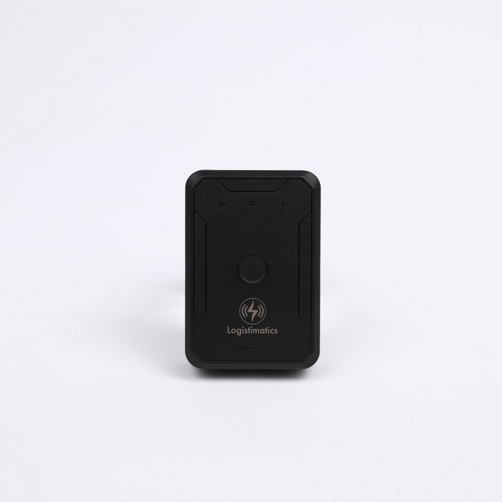 Black GPS tracker with a brand logo on a white background