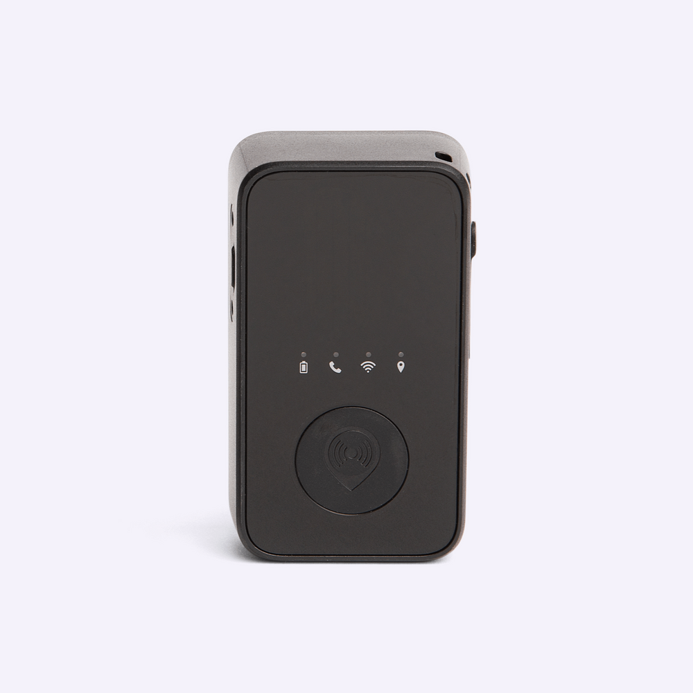 Black GPS tracking device with status indicator icons for battery, call, WiFi, and location, featuring a round SOS button on the front panel