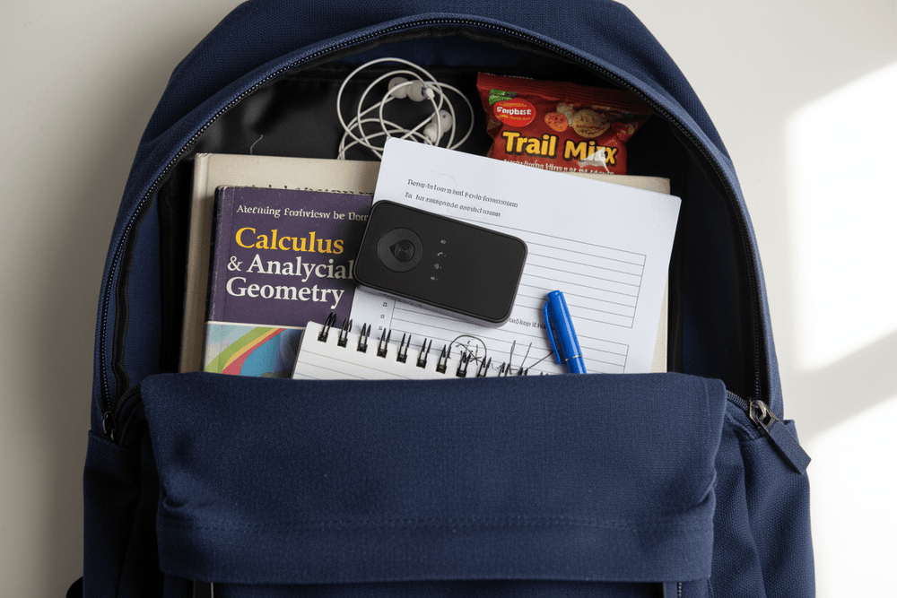 Navy blue backpack with textbooks, a GPS Pocket Tracker, and snacks on a light background