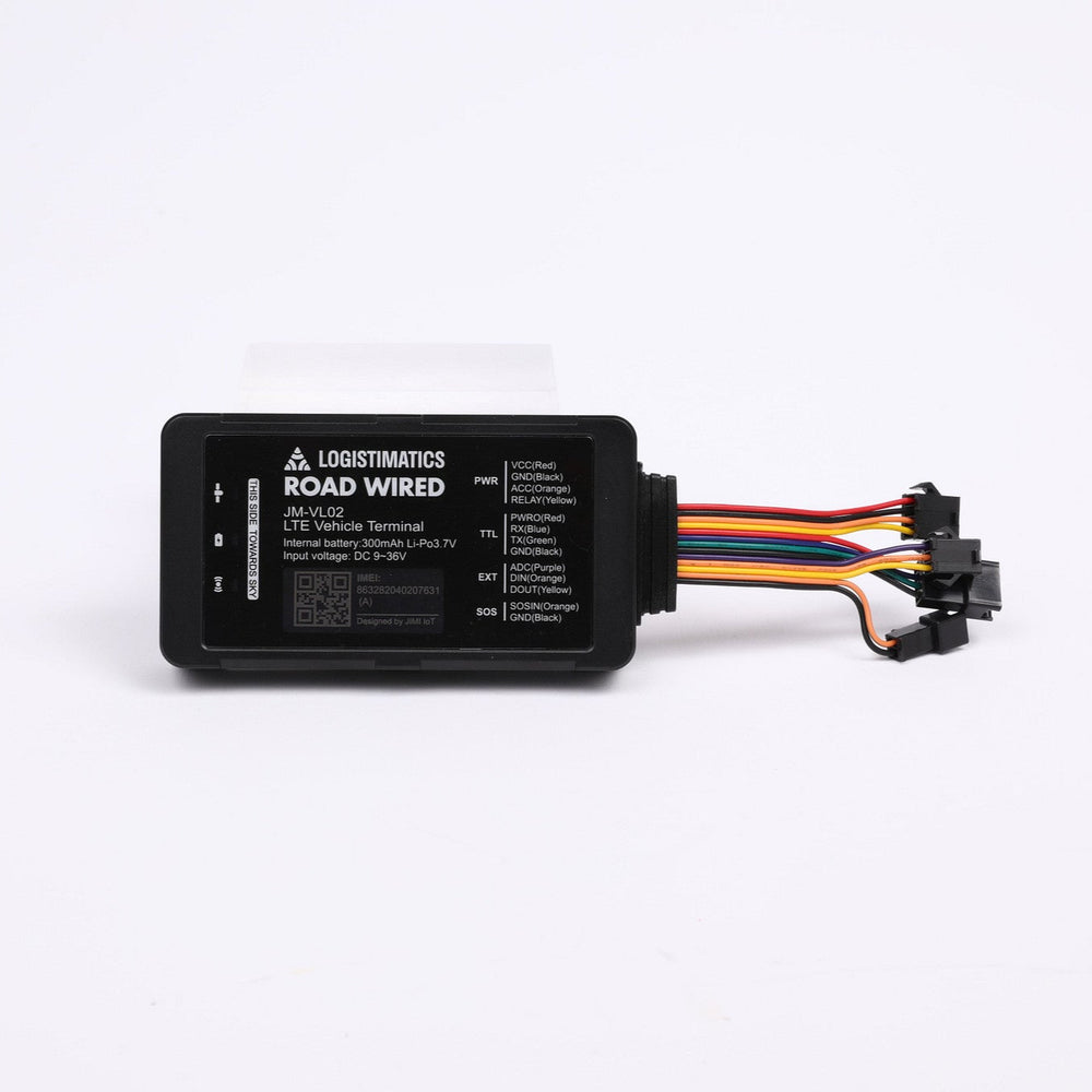 Black GPS device with wires on a white background