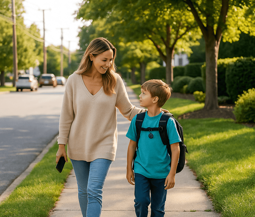 Mother walking with her young son in a safe suburban neighborhood, symbolizing family safety and community security.