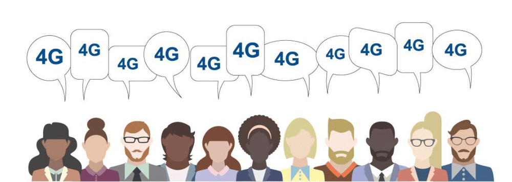 Illustration of diverse group of people with speech bubbles showing ‘4G’, symbolizing 4G GPS trackers for fleet management and business tracking.