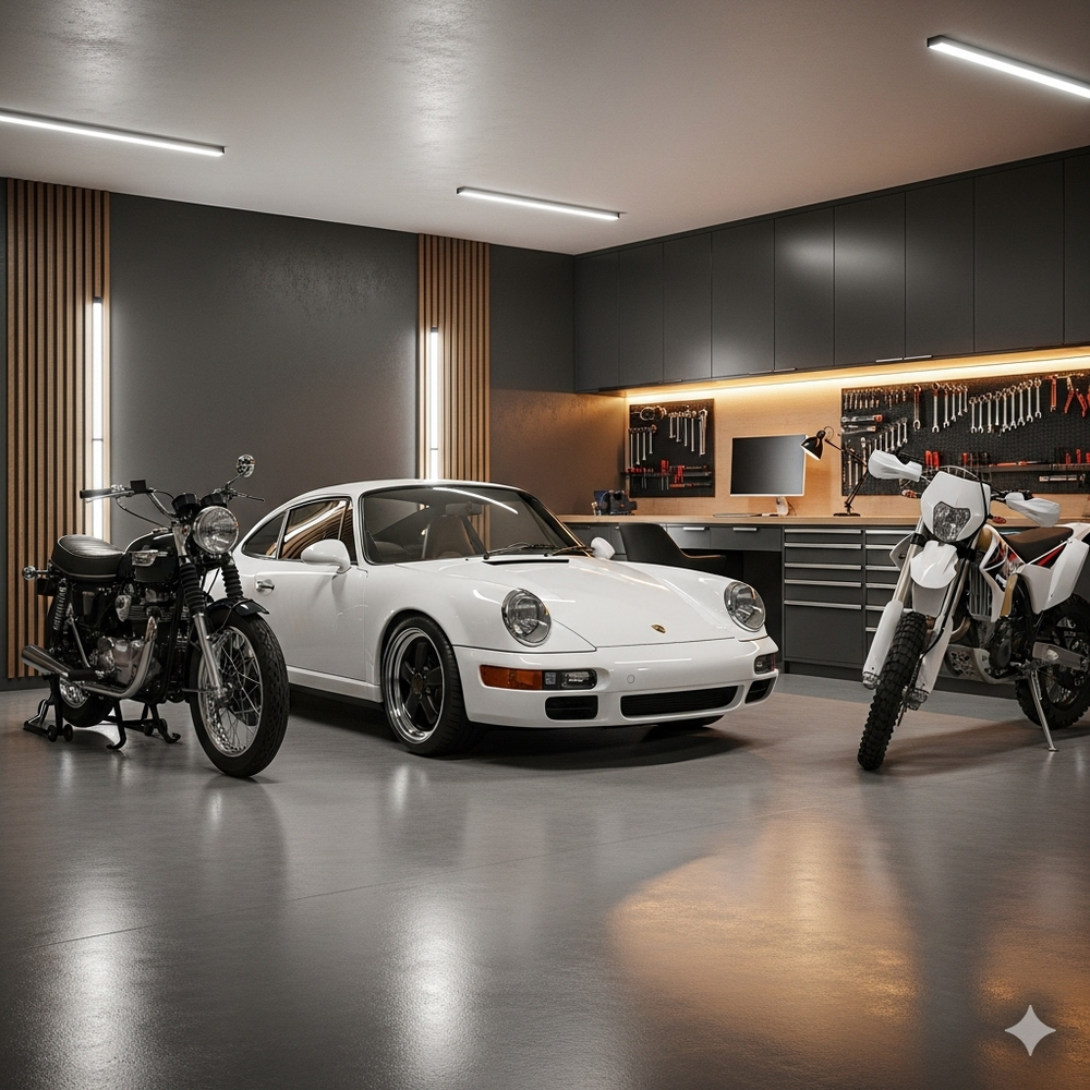 Modern garage with a classic white sports car and two motorcycles, representing GPS tracking for cars and motorcycles to enhance security and asset protection.