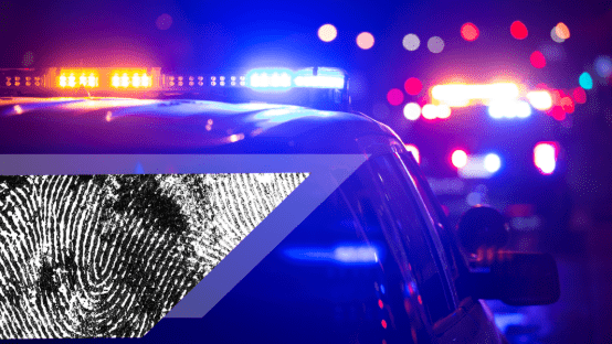 Police cars with flashing lights at night and fingerprint graphic overlay, representing GPS trackers for law enforcement, investigations, and public safety.
