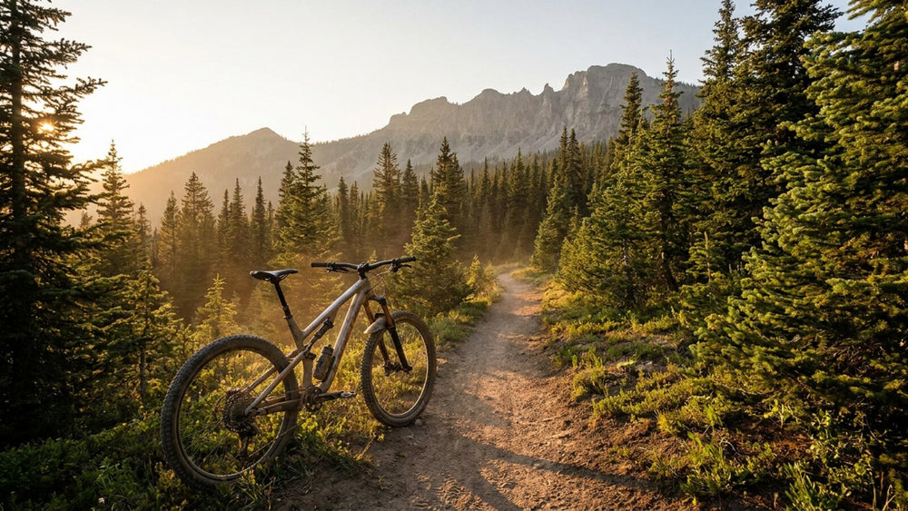Scenic mountain bike trail winding through a U.S. national park in golden light