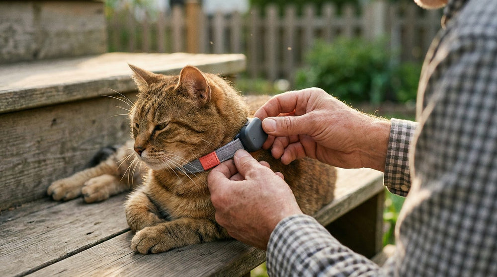 A cat wearing a small GPS tracker on its collar outdoors