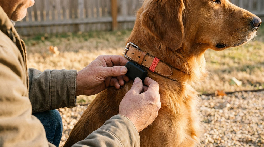 A dog wearing a GPS tracker clipped to its collar