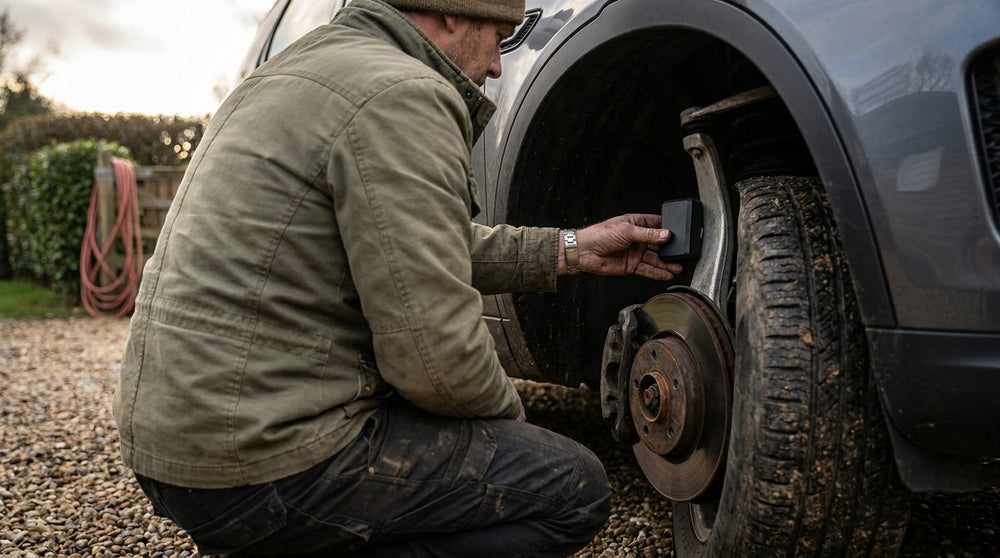A GPS tracker for a car unboxed on a table with a phone app