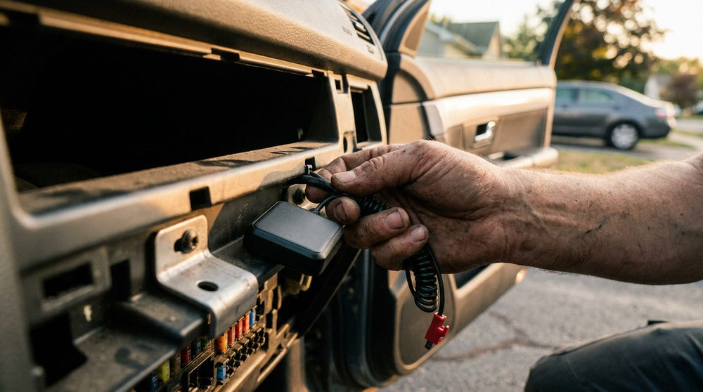 A hardwired gps tracker for car being wired behind the dashboard