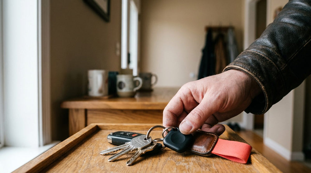 A key tracker device attached to a set of house keys