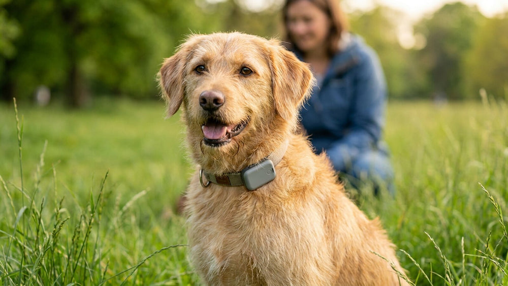 Happy dog outdoors wearing a small GPS tracker on its collar