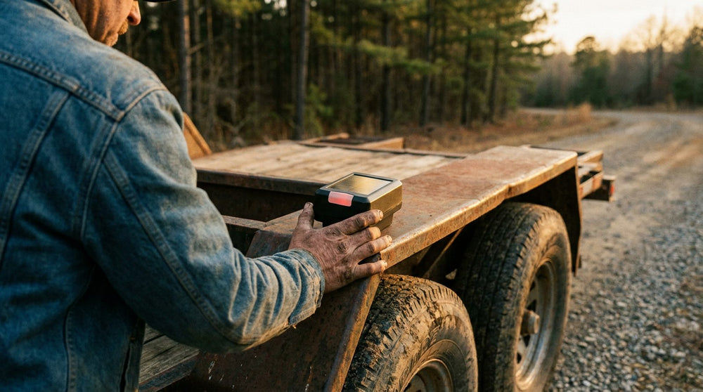 A solar powered gps trailer tracker mounted on a trailer in sunlight