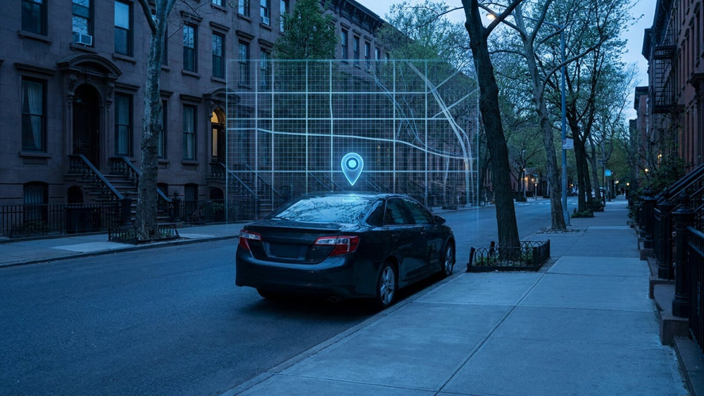 GPS location overlay on a car at dusk, showing vehicle tracking and recovery