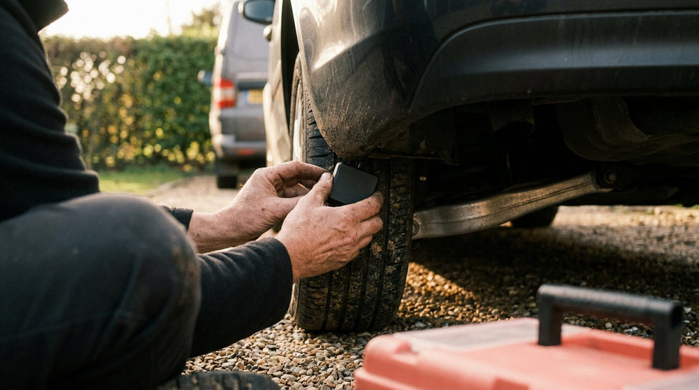 A magnetic GPS tracker being placed inside a car wheel arch