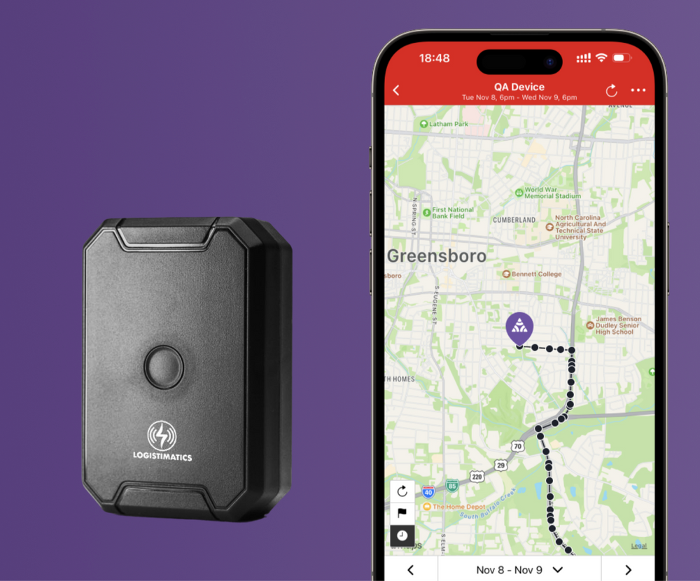 Logistimatics GPS tracker displayed next to smartphone app with live route map in Greensboro for real-time location tracking.