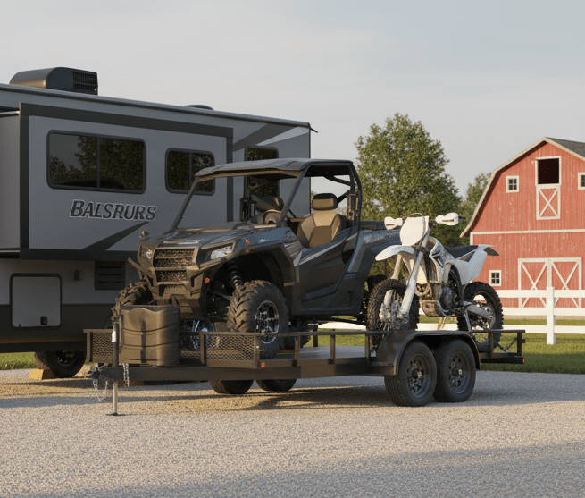 ATV and dirt bike secured on trailer next to RV and barn, representing GPS tracking for powersports vehicles and outdoor equipment security.