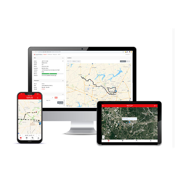Logistimatics GPS tracking software displayed on desktop, tablet, and smartphone with live maps and route history.
