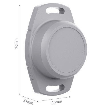 A Gray Asset Tracker on white background with dimension lines and labels indicating 70mm height, 21mm width, and 46mm depth.
