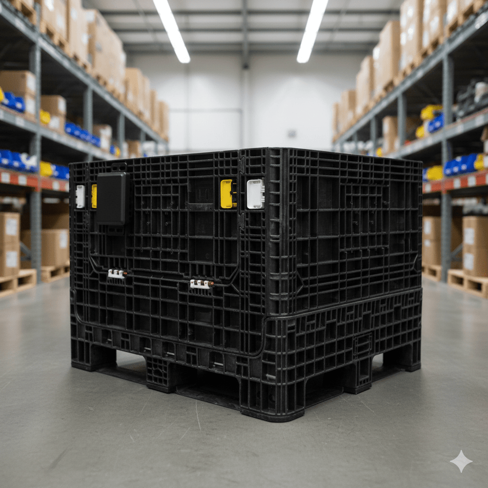 Black plastic pallet in a warehouse setting with GPS tracker attached for supply chain tracking.