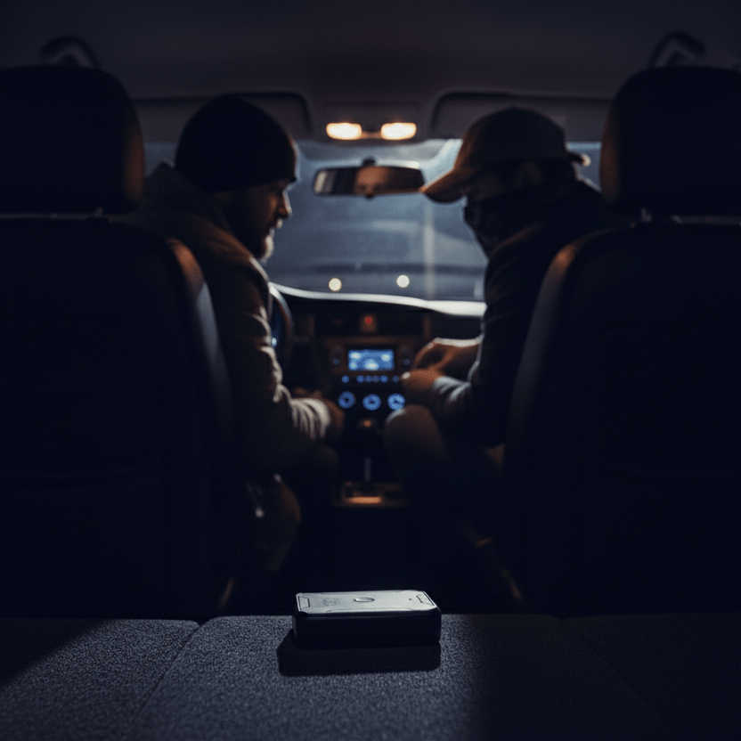 Hidden GPS tracking device with audio monitoring placed inside vehicle to detect theft and unauthorized use.