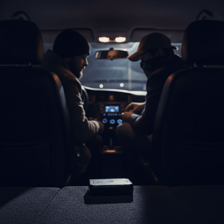 Hidden GPS tracking device with audio monitoring placed inside vehicle to detect theft and unauthorized use.
