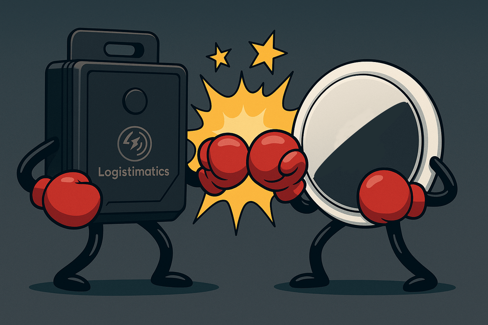 Cartoon illustration of Logistimatics GPS tracker boxing against BLE tag competitor