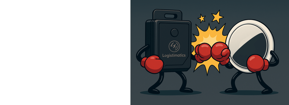 Cartoon illustration of Logistimatics GPS tracker boxing against BLE tag competitor