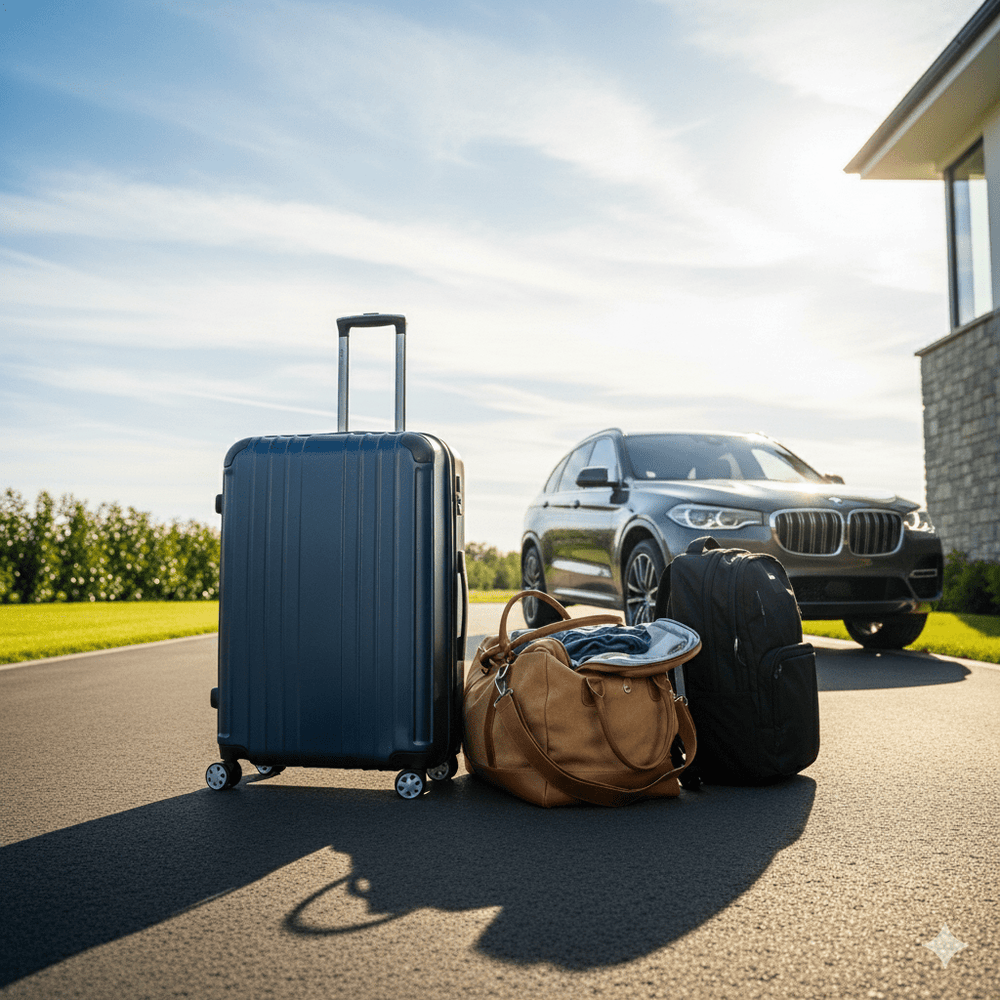 Luggage and bags placed on a driveway with a car in the background, representing GPS tracking for personal belongings, travel bags, and valuables.