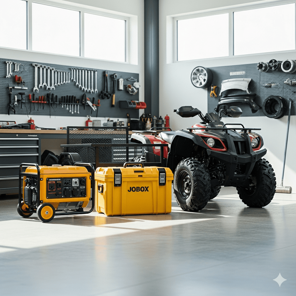 ATV, portable generator, and JOBOX tool chest in a garage workshop with organized tools on the wall.