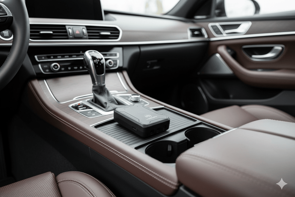 Logistimatics GPS tracker placed on the center console of a luxury vehicle interior with leather seats and wood trim, showcasing discreet in-car tracking solution.