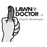 Logo of Lawn Doctor of Smyrna-Brookhaven with a hand pointing to the text on a white background.
