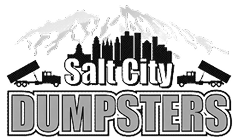Logo of Salt City Dumpsters with a silhouette of a dumpster and mountains.