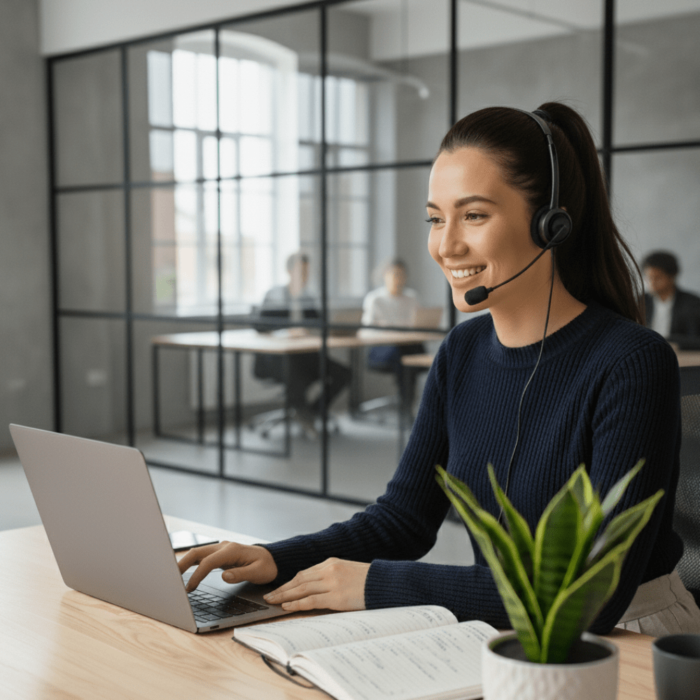 Smiling customer support representative with headset assisting clients via laptop in modern office environment.