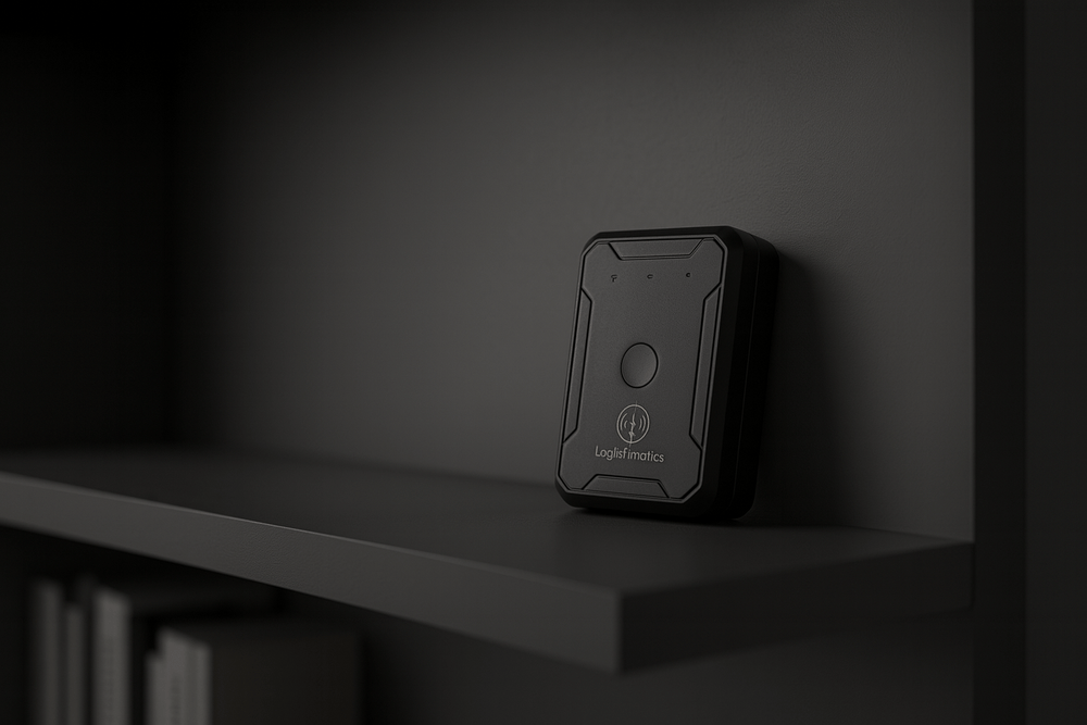 Black electronic device on a dark shelf with a blurred background