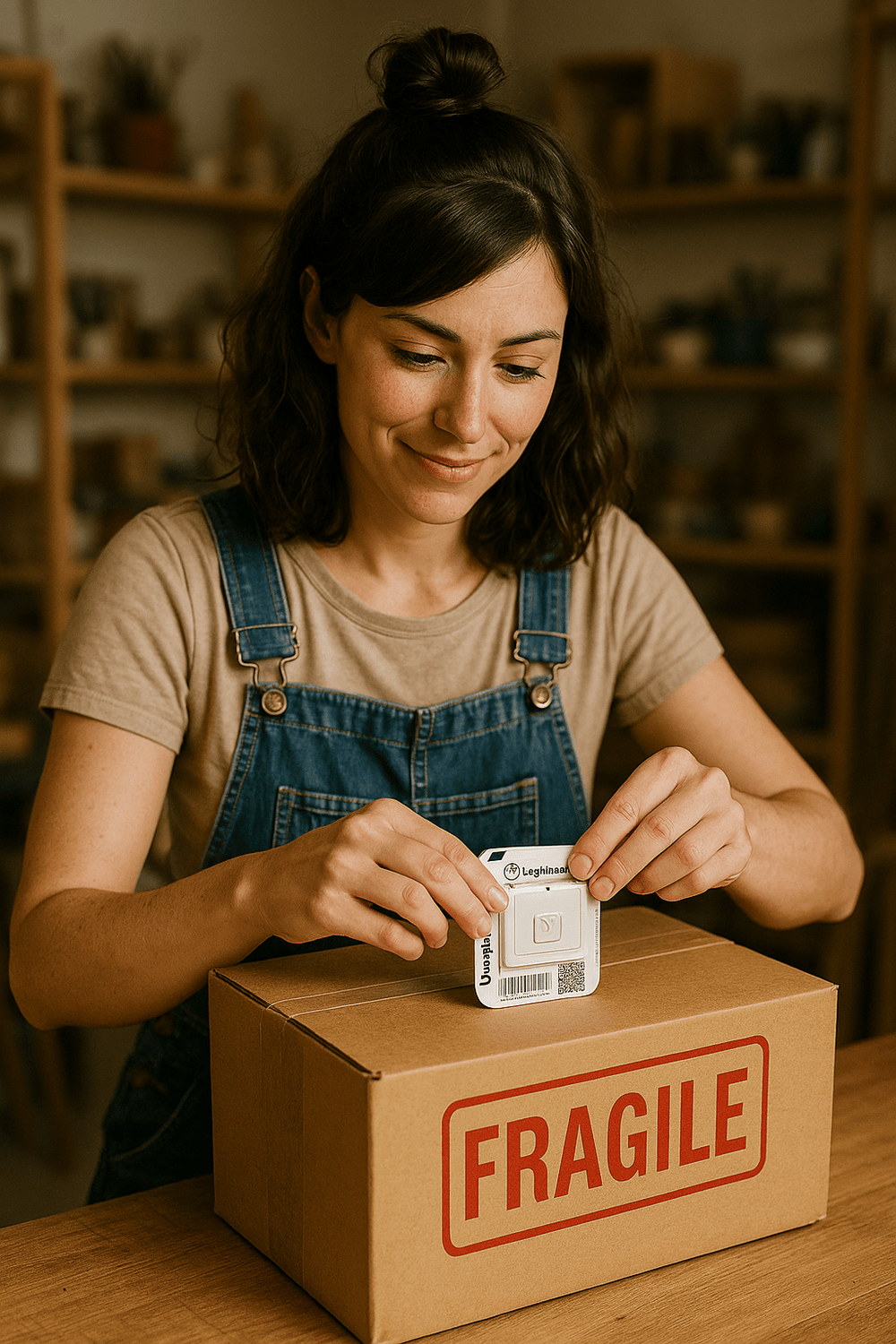 Woman in overalls preparing a box labeled 'Fragile' in a home setting.