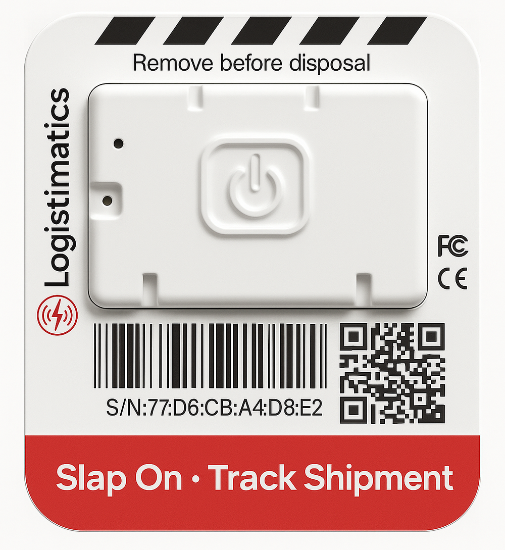 A detailed close-up image of the white SlapTrack disposable shipment tracker, showing the power button, serial number, QR code, and the "Slap On • Track Shipment" branding. The "Logistimatics" logo and FCC/CE markings are also visible.