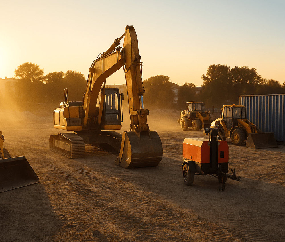 Excavators and heavy machinery at construction site during sunset, highlighting GPS asset tracking for equipment security and fleet management.