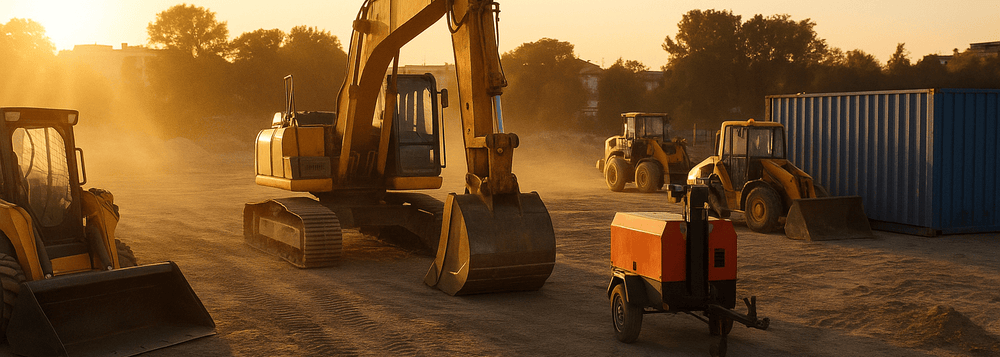 Excavators and heavy machinery at construction site during sunset, highlighting GPS asset tracking for equipment security and fleet management.