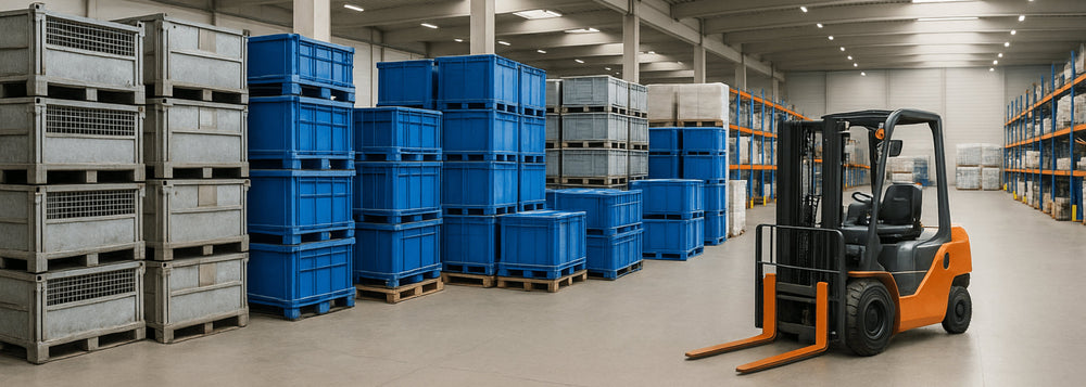 Forklift in warehouse with stacked blue pallets, illustrating asset tracking and inventory management for logistics operations.