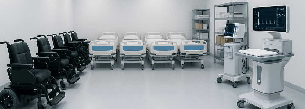 Empty hospital ward with wheelchairs, medical beds, and monitoring equipment for patient care and asset tracking.