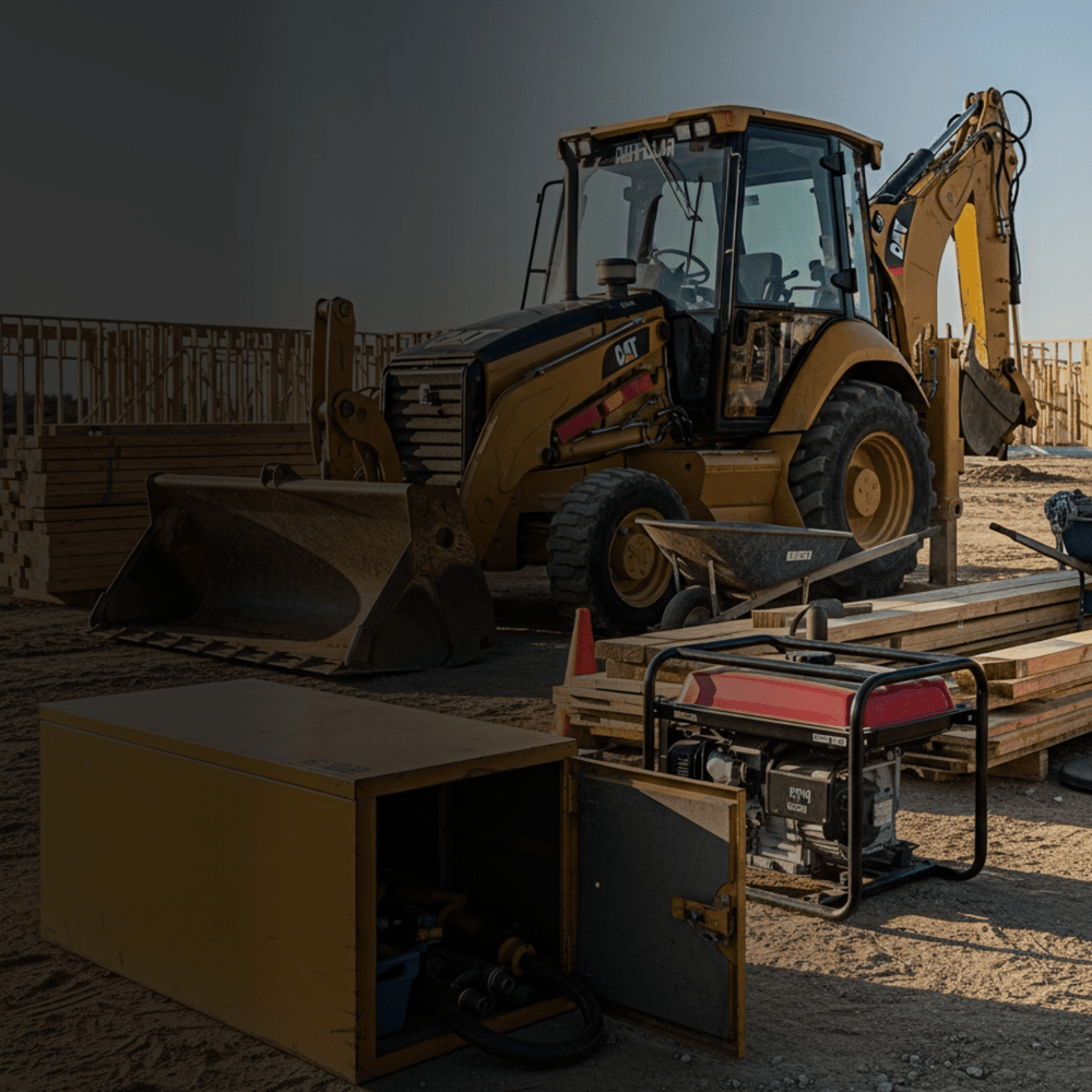 Construction site with heavy equipment, tools, and generator showcasing need for GPS asset tracking and theft prevention.