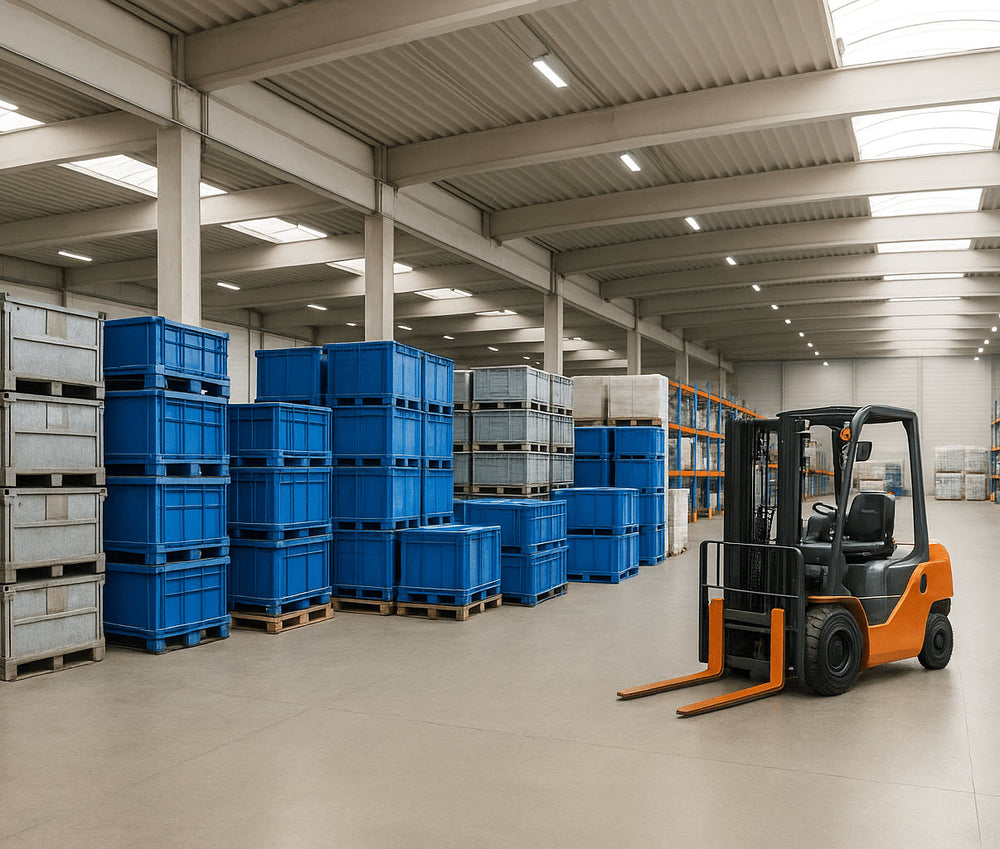 Forklift in warehouse with stacked blue pallets, illustrating asset tracking and inventory management for logistics operations.
