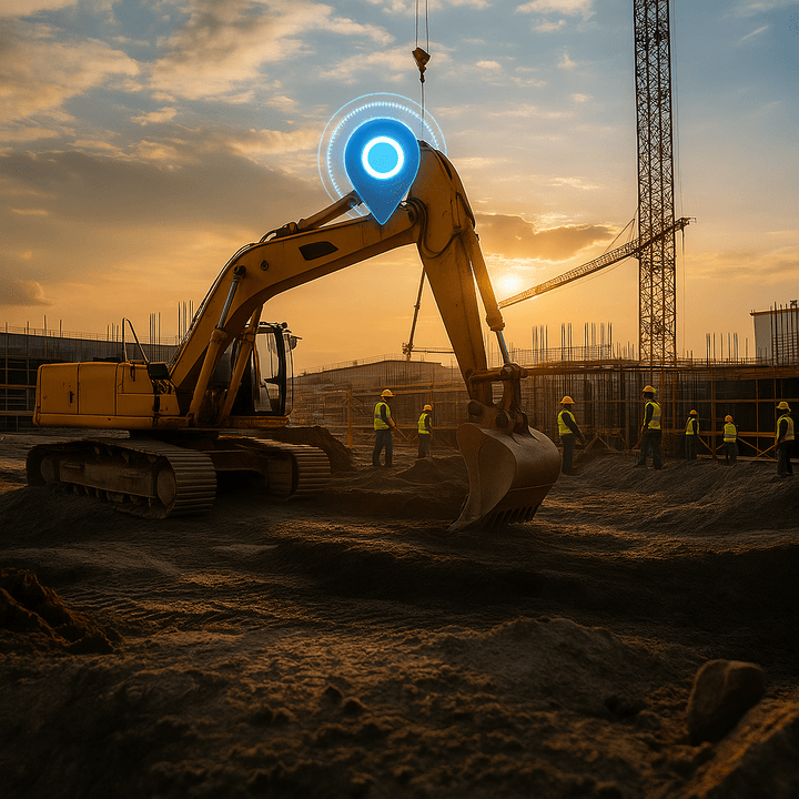 Excavator with GPS tracking pin on construction site at sunset, workers in safety vests nearby.