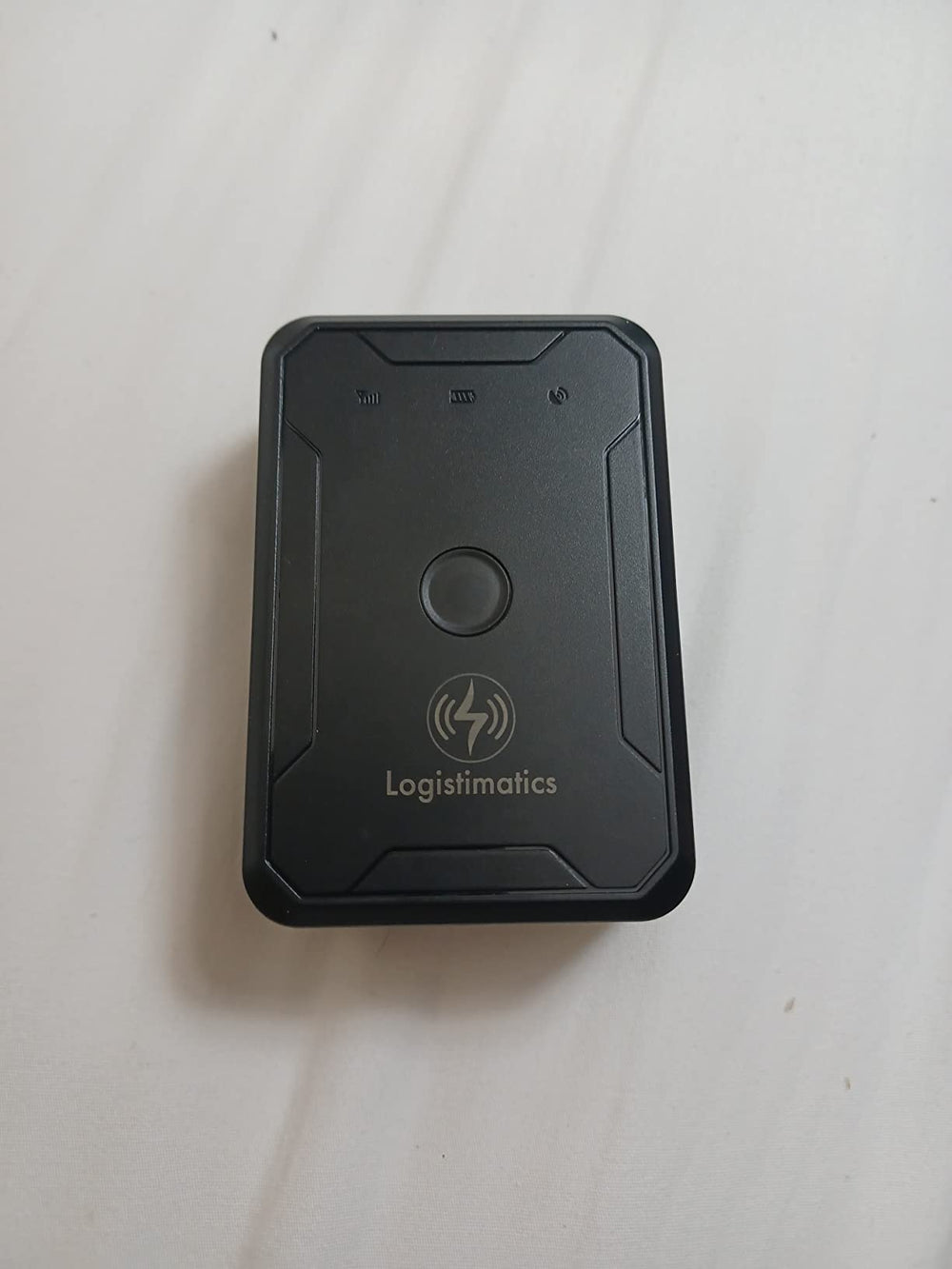 Black GPS device with 'Logistimatics' logo on a white background
