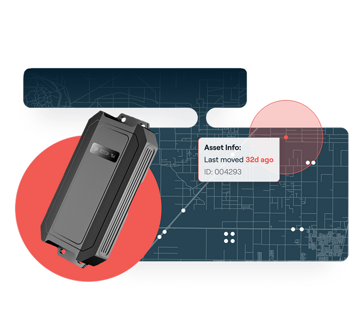 Industrial GPS asset tracker with digital map interface showing asset info, movement history, and location alerts.