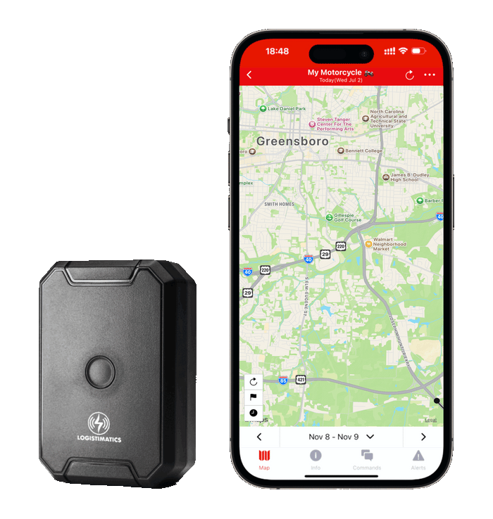 Logistimatics GPS tracker shown alongside mobile app with live map view for real-time location tracking.
