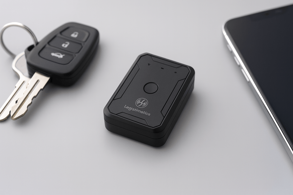 Black device with keychain and smartphone on a light gray background