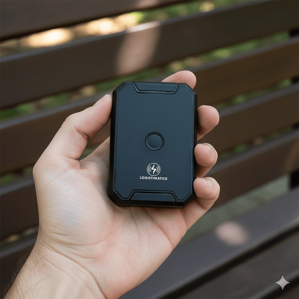 Hand holding a black GPS device with a visible brand logo against a blurred outdoor background