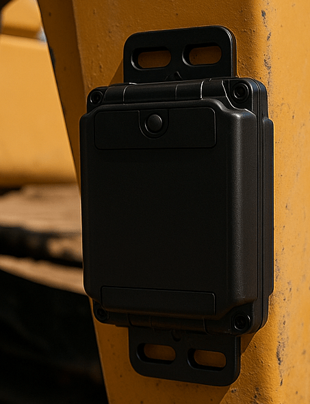 Rugged GPS tracker securely mounted on yellow construction equipment for asset tracking and theft protection.